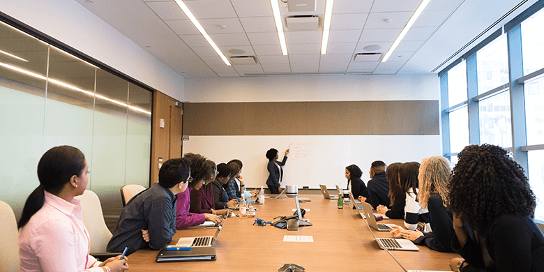 A discussion taking place in a meeting room.